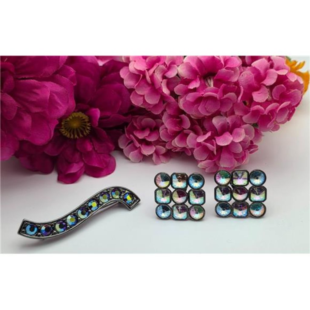 Rare Vintage Yves Saint Laurent Clip On Earrings Brooch Set Gunmetal Ab Crystal